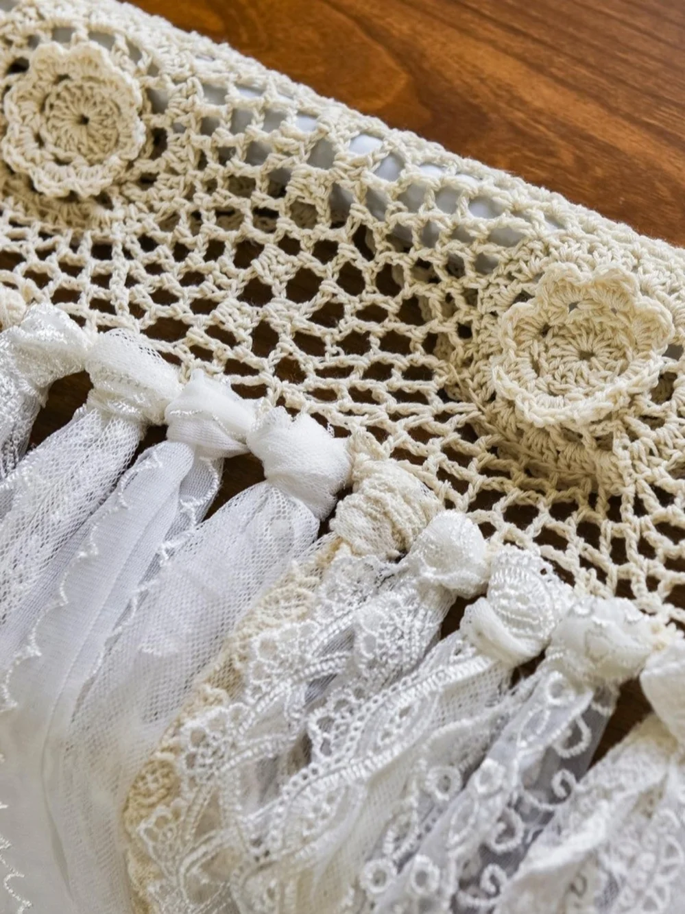 Boho Farmhouse Cottagecore Ivory Crochet and Lace Window Panel Sz 40W x 45L - Picture 10 of 10